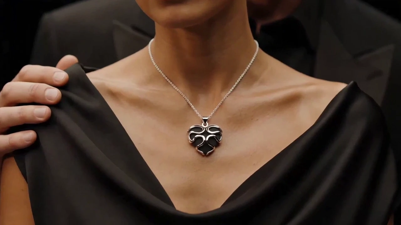 Woman wearing the KeepSayk pendant with a man standing behind her